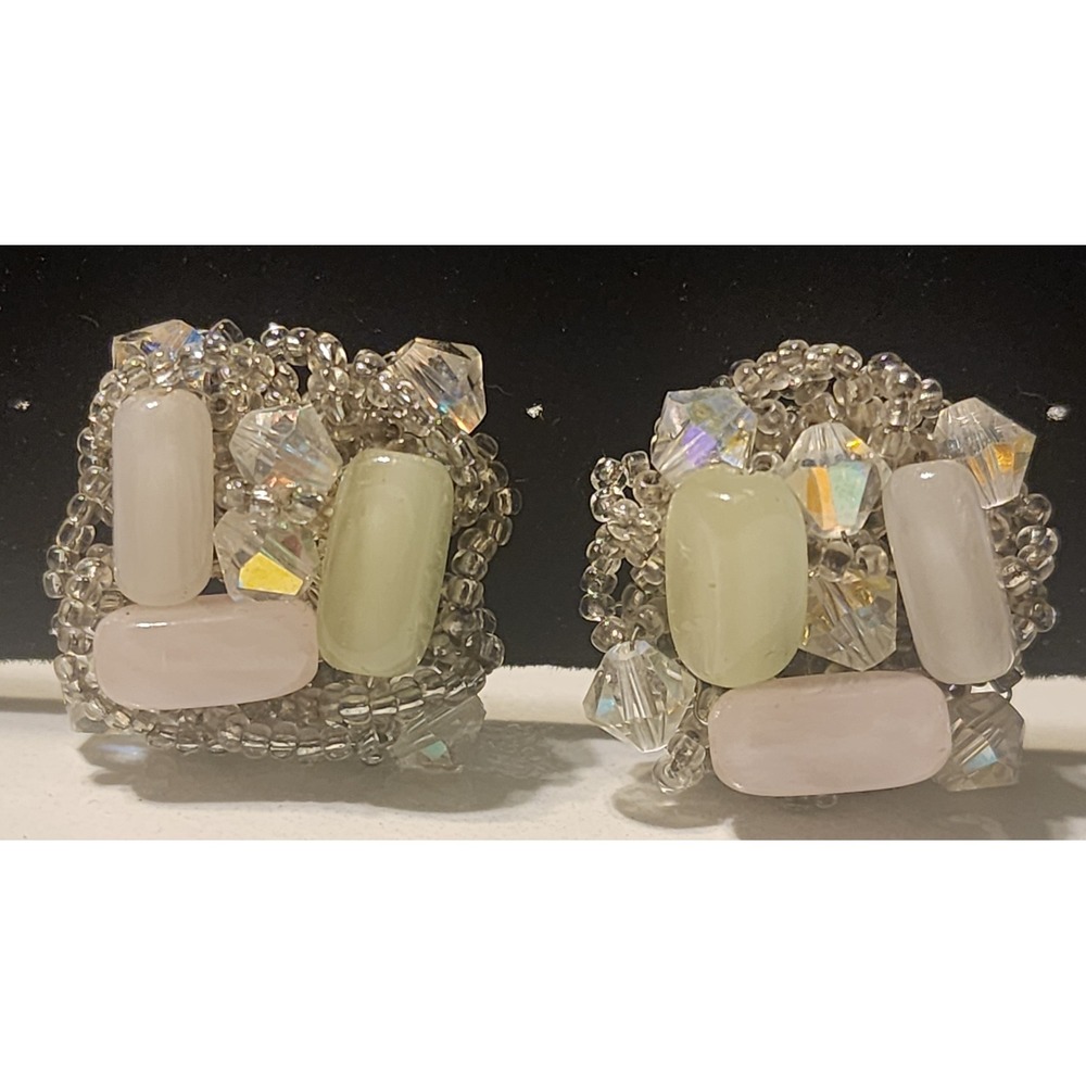 Vintage Vendome Clip On Earrings Pink Green AB Crystal Cluster Pat 2409501 MCM